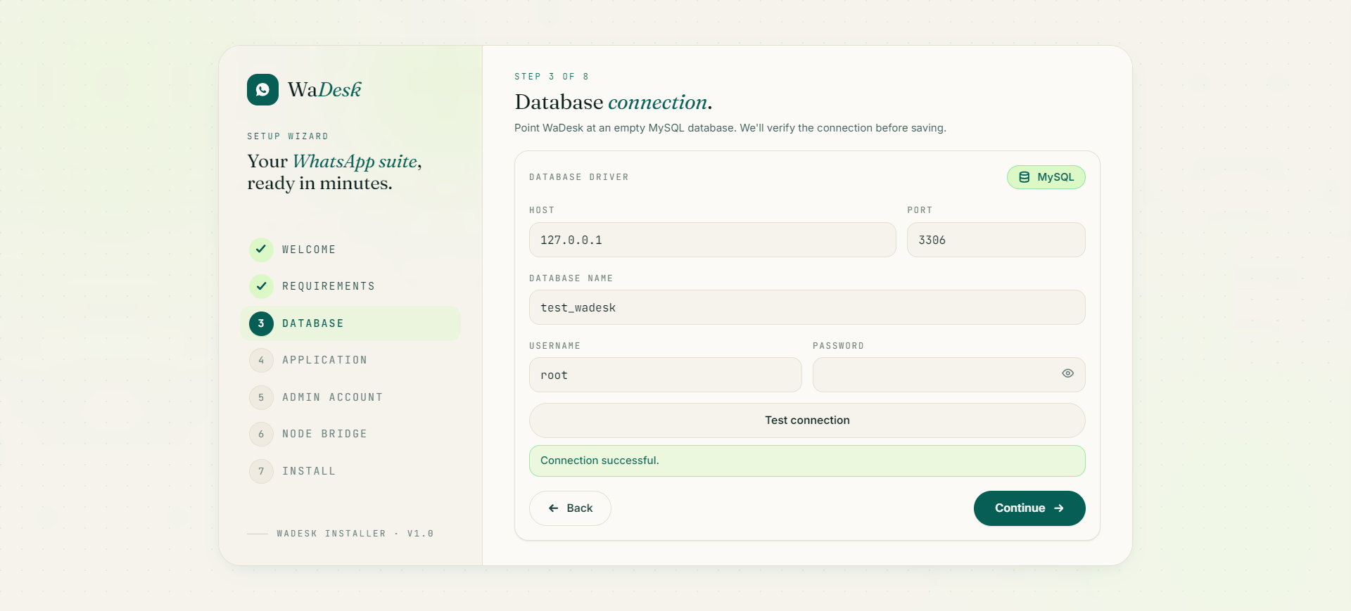 WaDesk web installer — Database connection