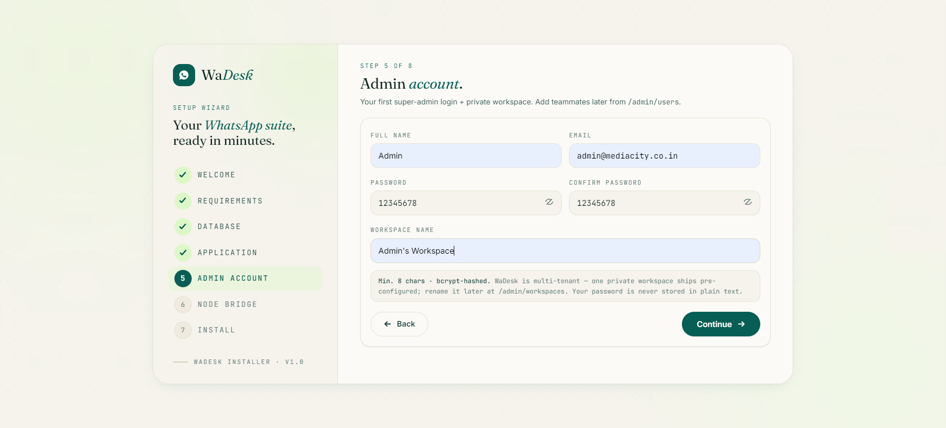 WaDesk web installer — Admin account