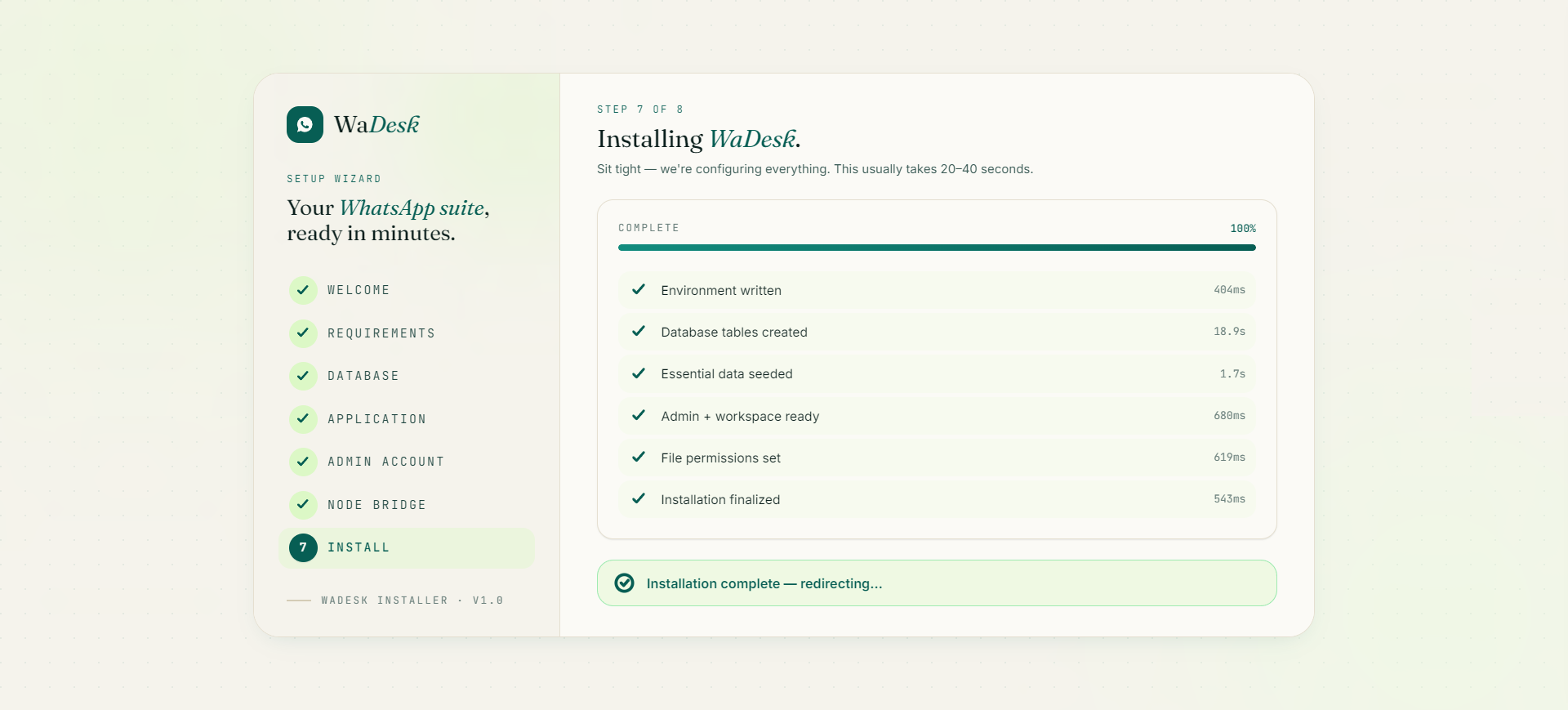 WaDesk web installer — Installing progress